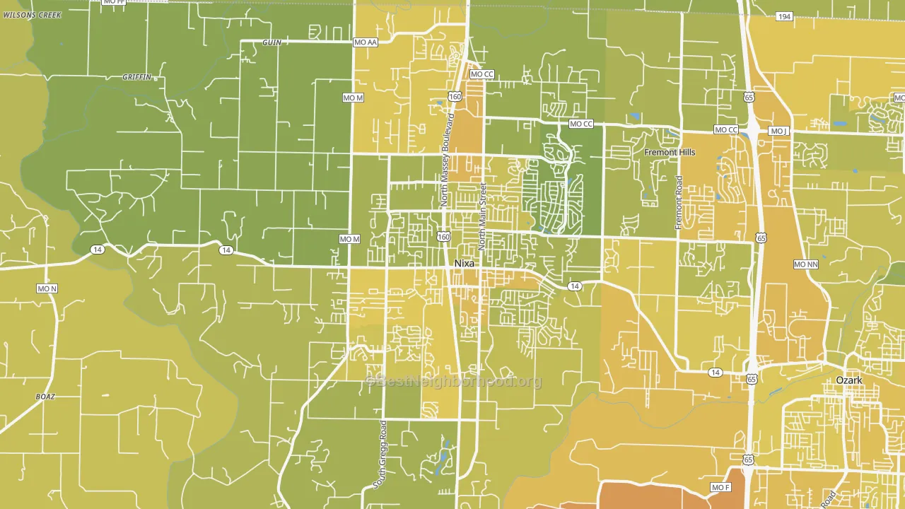 Map of the best neighborhoods in the 65714 area, with better matches in green and worse matches in red