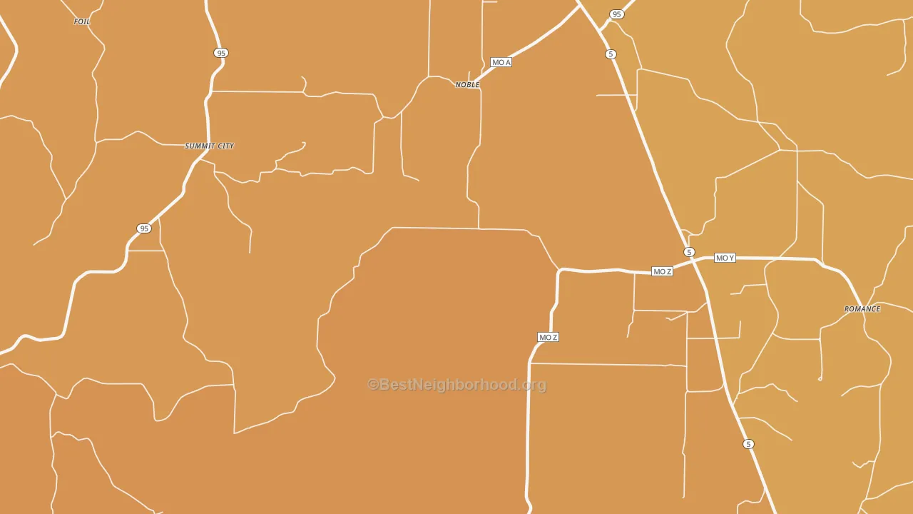Map of the best neighborhoods in the 65715 area, with better matches in green and worse matches in red