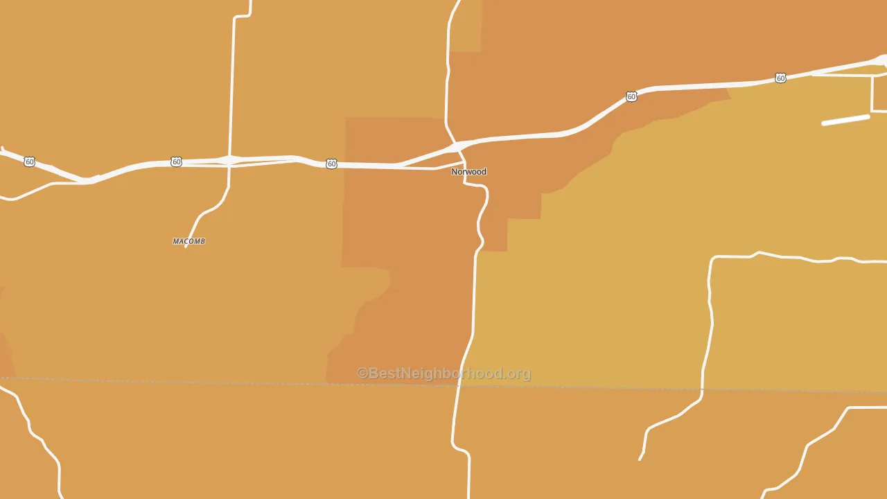 Map of the best neighborhoods in the 65717 area, with better matches in green and worse matches in red