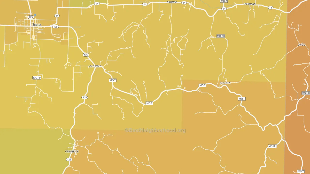 Map of the best neighborhoods in the 65720 area, with better matches in green and worse matches in red