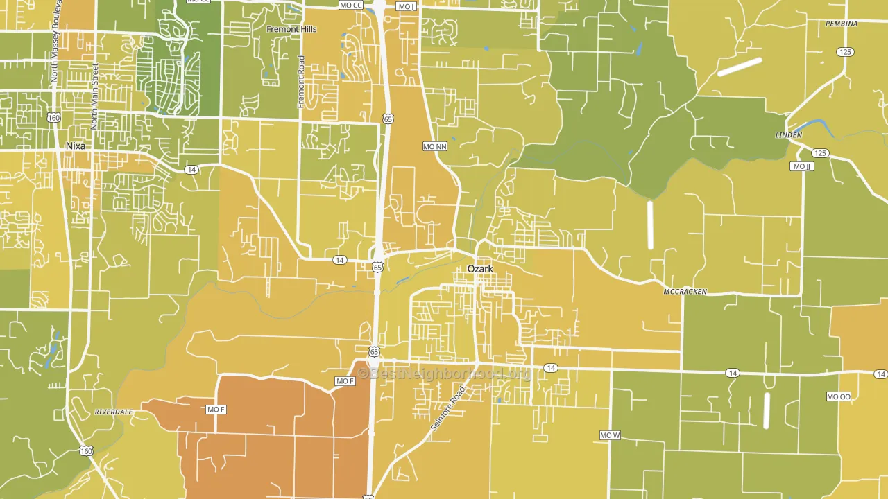 Map of the best neighborhoods in the 65721 area, with better matches in green and worse matches in red