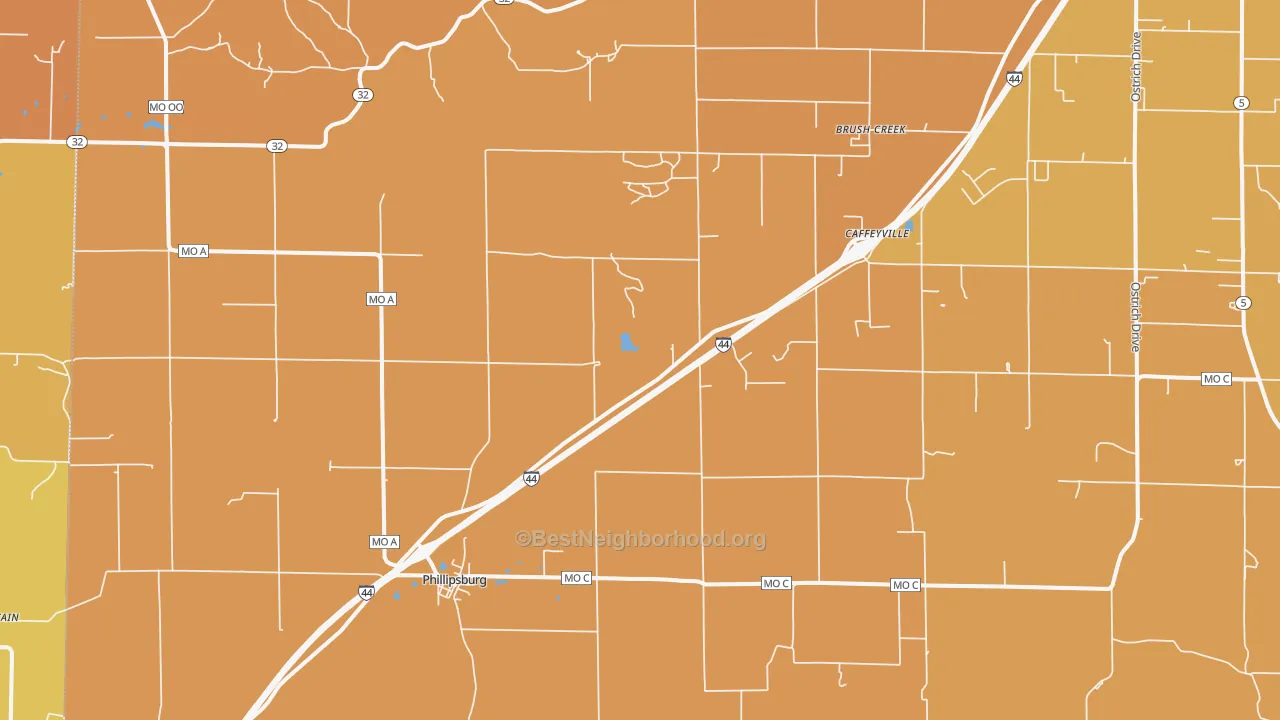 Map of the best neighborhoods in the 65722 area, with better matches in green and worse matches in red