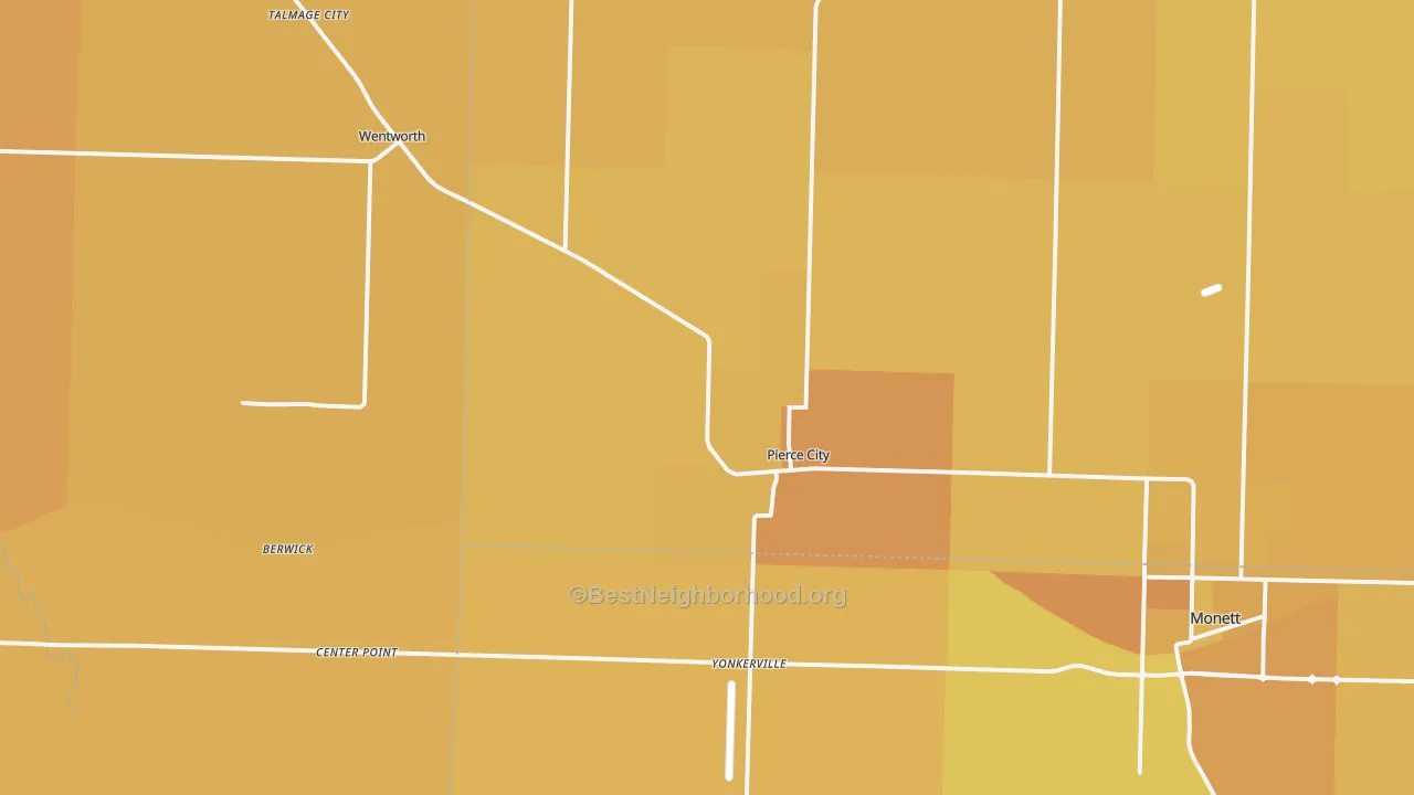 Map of the best neighborhoods in the 65723 area, with better matches in green and worse matches in red