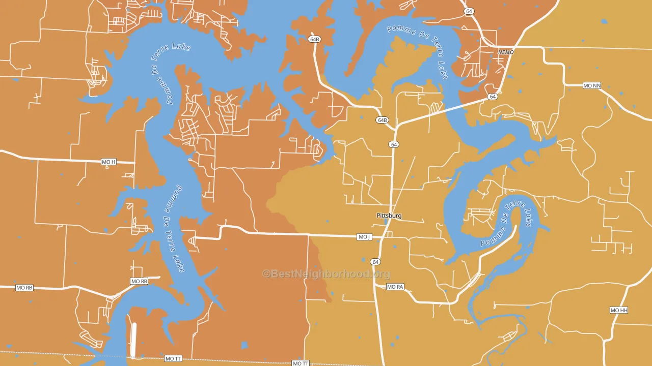 Map of the best neighborhoods in the 65724 area, with better matches in green and worse matches in red