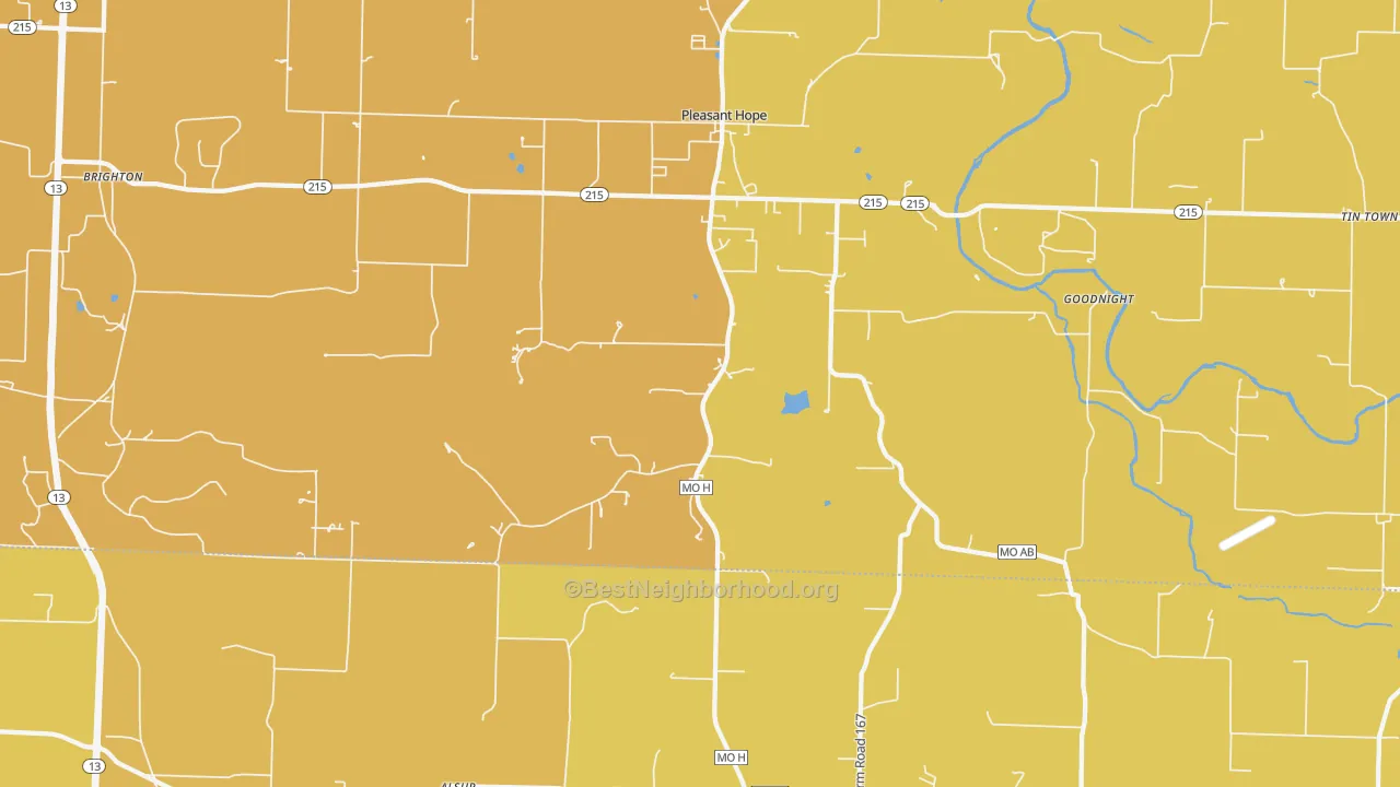 Map of the best neighborhoods in the 65725 area, with better matches in green and worse matches in red