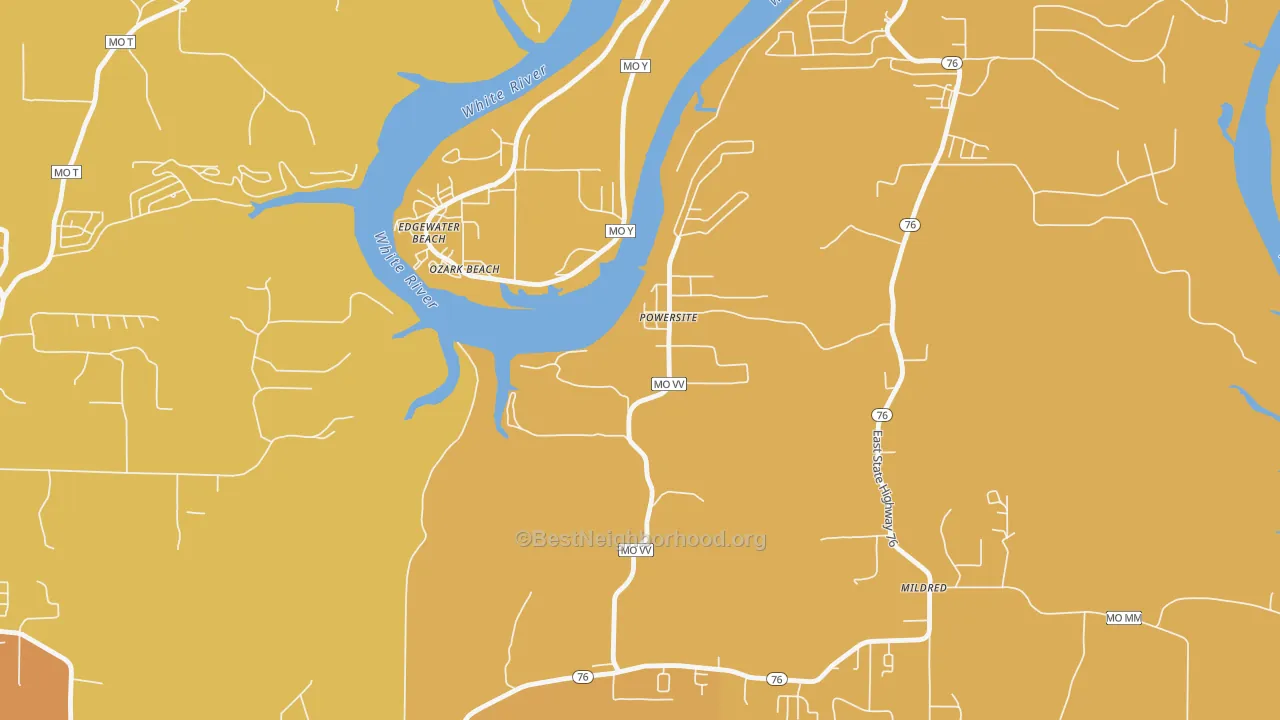 Map of the best neighborhoods in the 65731 area, with better matches in green and worse matches in red