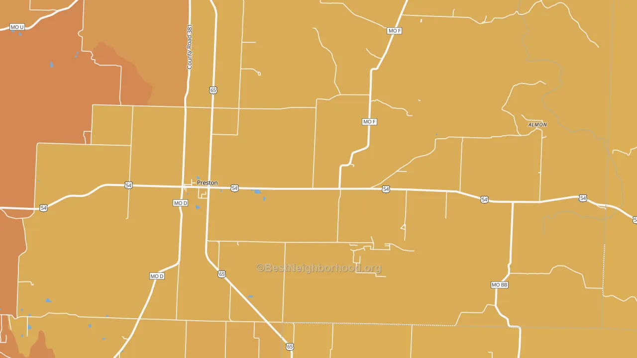 Map of the best neighborhoods in the 65732 area, with better matches in green and worse matches in red