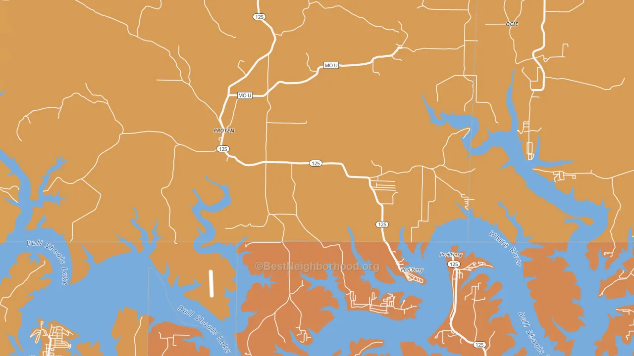 Map of the best neighborhoods in the 65733 area, with better matches in green and worse matches in red