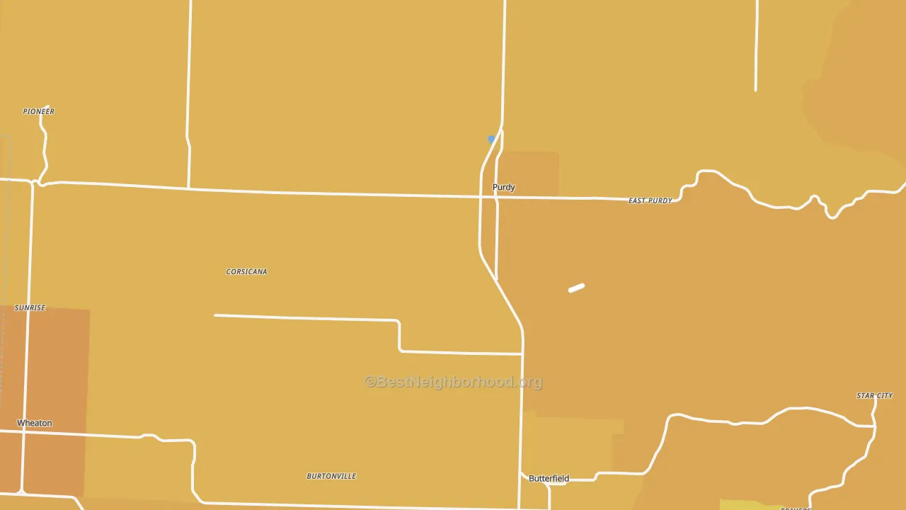 Map of the best neighborhoods in the 65734 area, with better matches in green and worse matches in red