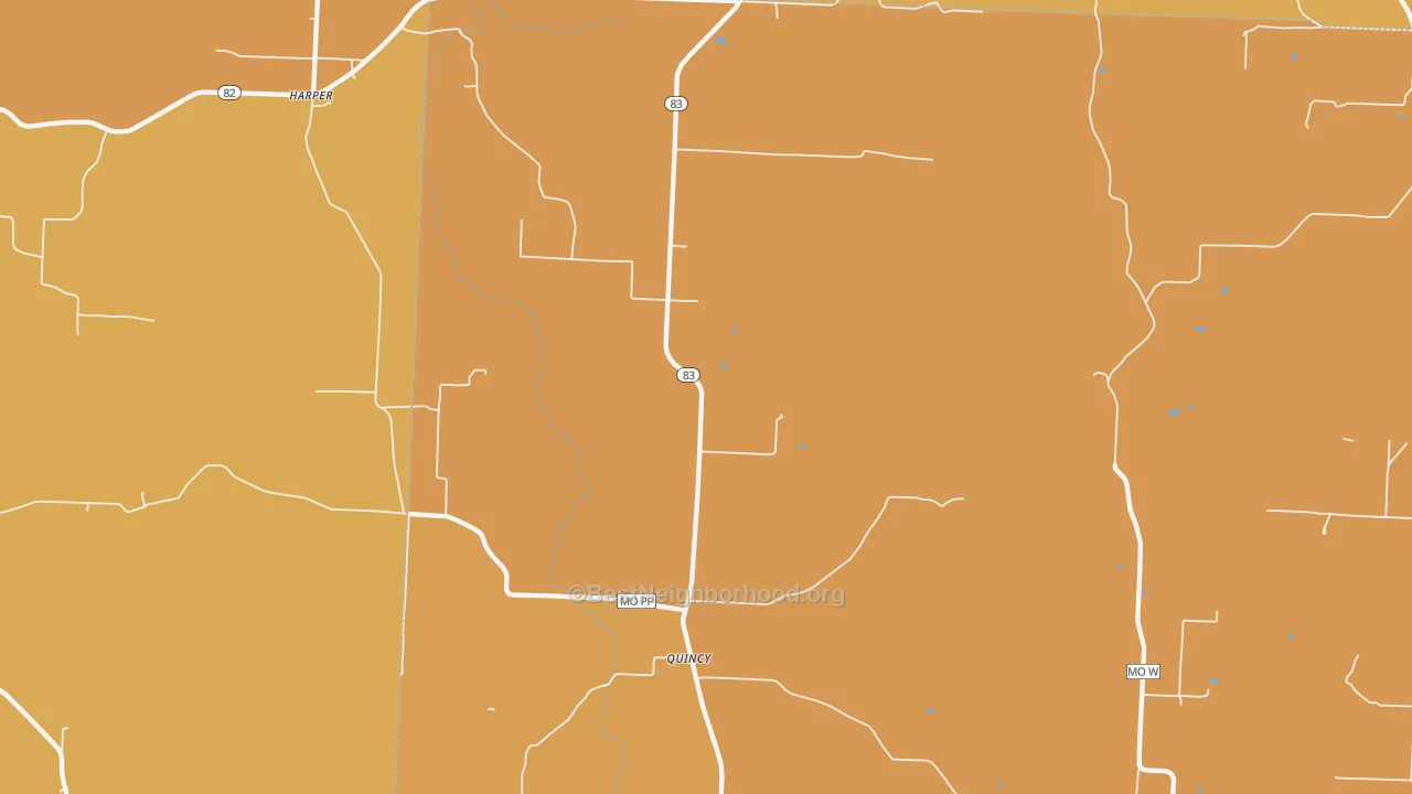 Map of the best neighborhoods in the 65735 area, with better matches in green and worse matches in red