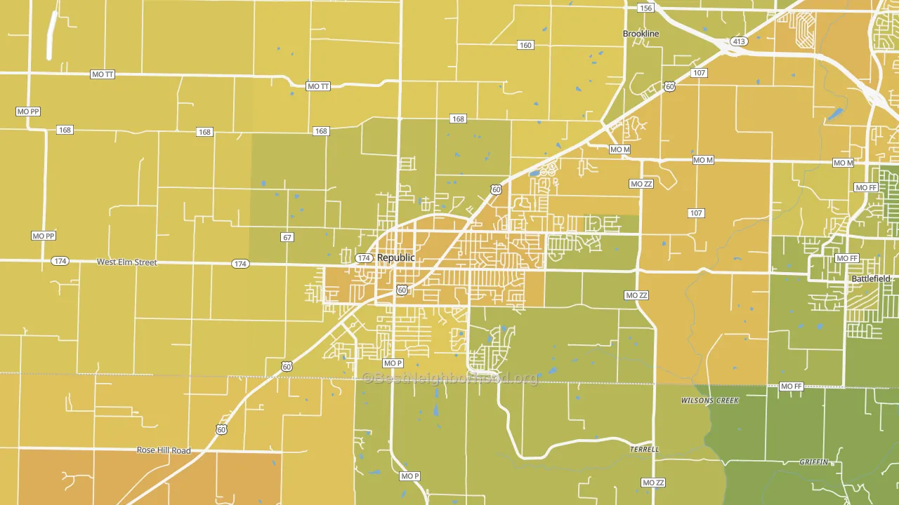 Map of the best neighborhoods in the 65738 area, with better matches in green and worse matches in red