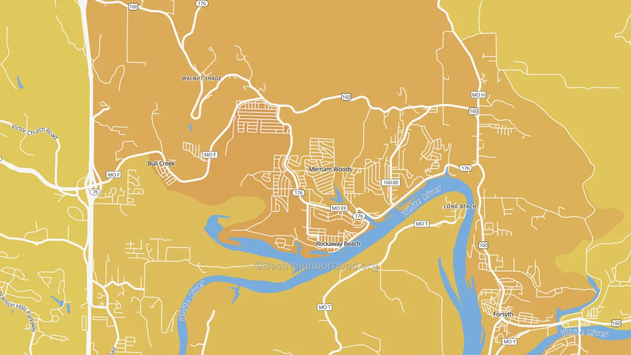 Map of the best neighborhoods in the 65740 area, with better matches in green and worse matches in red
