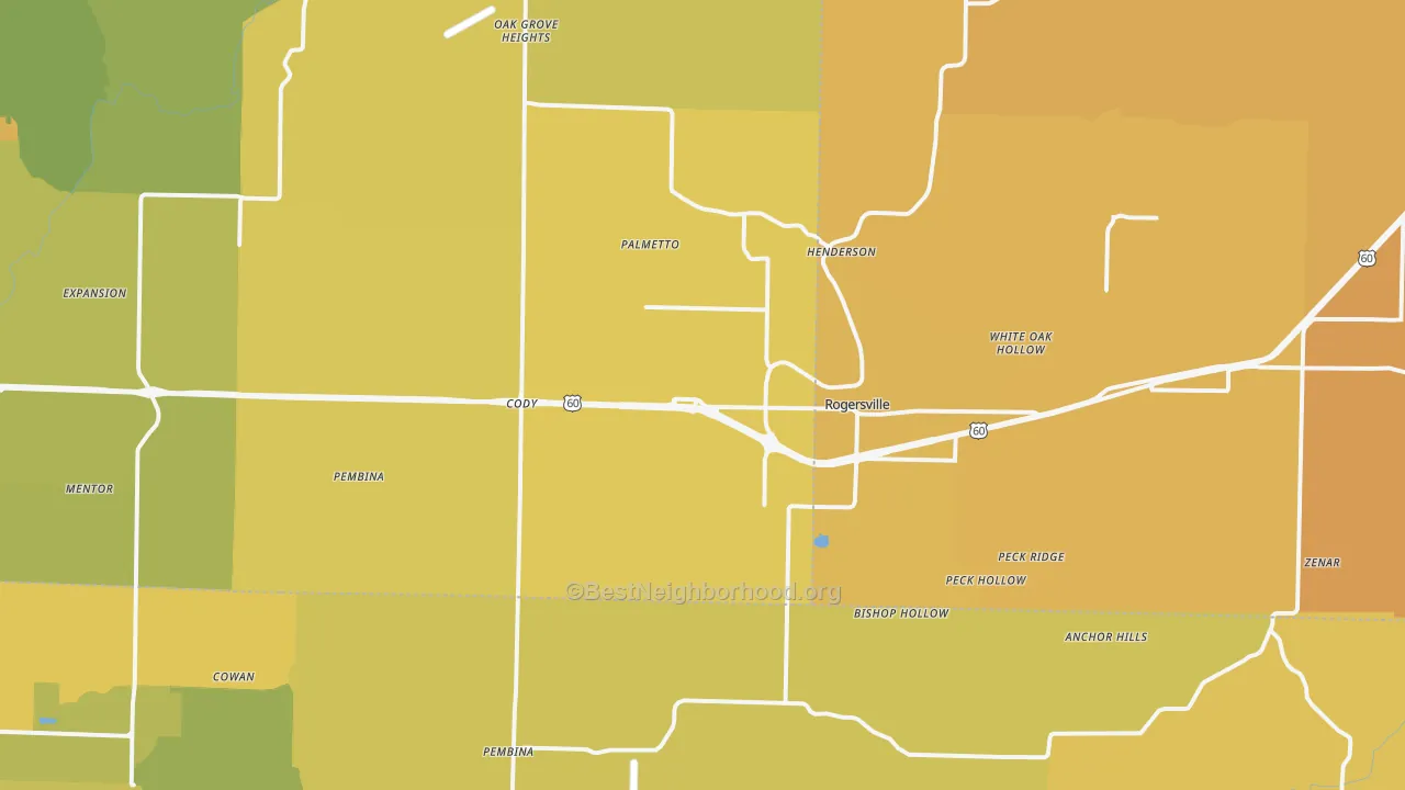 Map of the best neighborhoods in the 65742 area, with better matches in green and worse matches in red