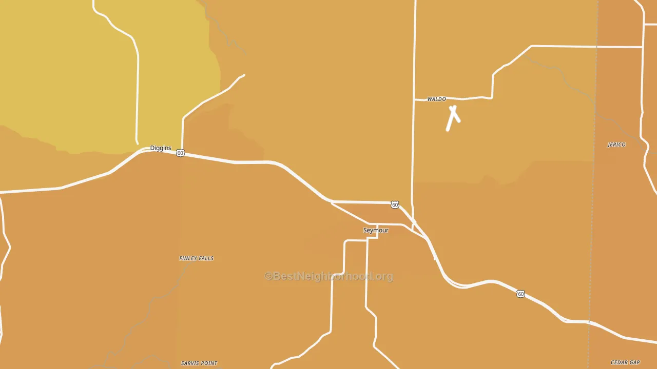 Map of the best neighborhoods in the 65746 area, with better matches in green and worse matches in red