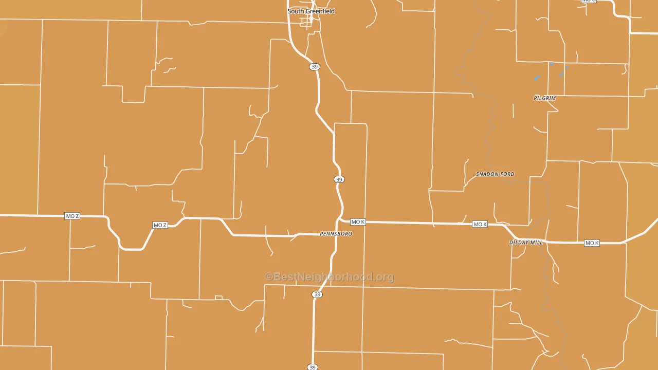 Map of the best neighborhoods in the 65752 area, with better matches in green and worse matches in red