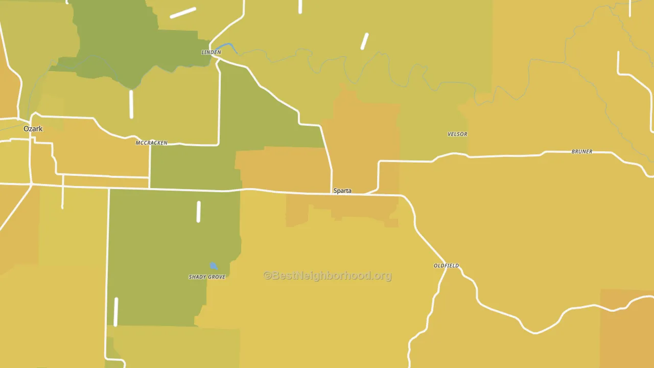 Map of the best neighborhoods in the 65753 area, with better matches in green and worse matches in red