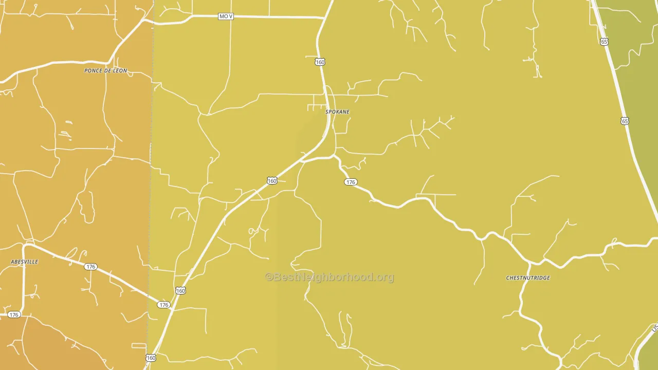 Map of the best neighborhoods in the 65754 area, with better matches in green and worse matches in red