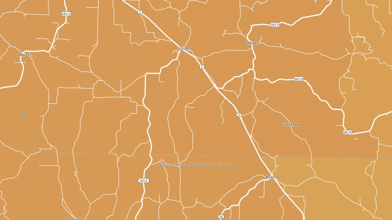 Map of the best neighborhoods in the 65755 area, with better matches in green and worse matches in red