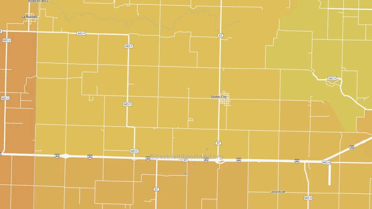 Map of the best neighborhoods in the 65756 area, with better matches in green and worse matches in red