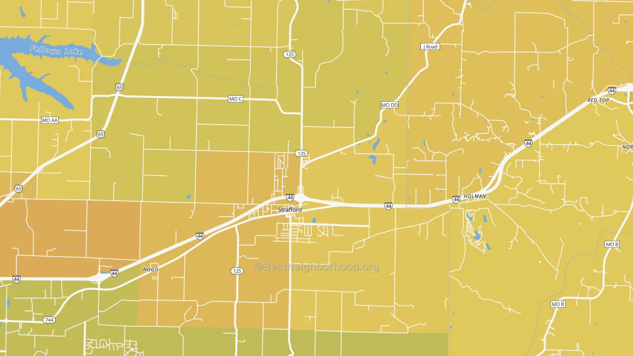 Map of the best neighborhoods in the 65757 area, with better matches in green and worse matches in red