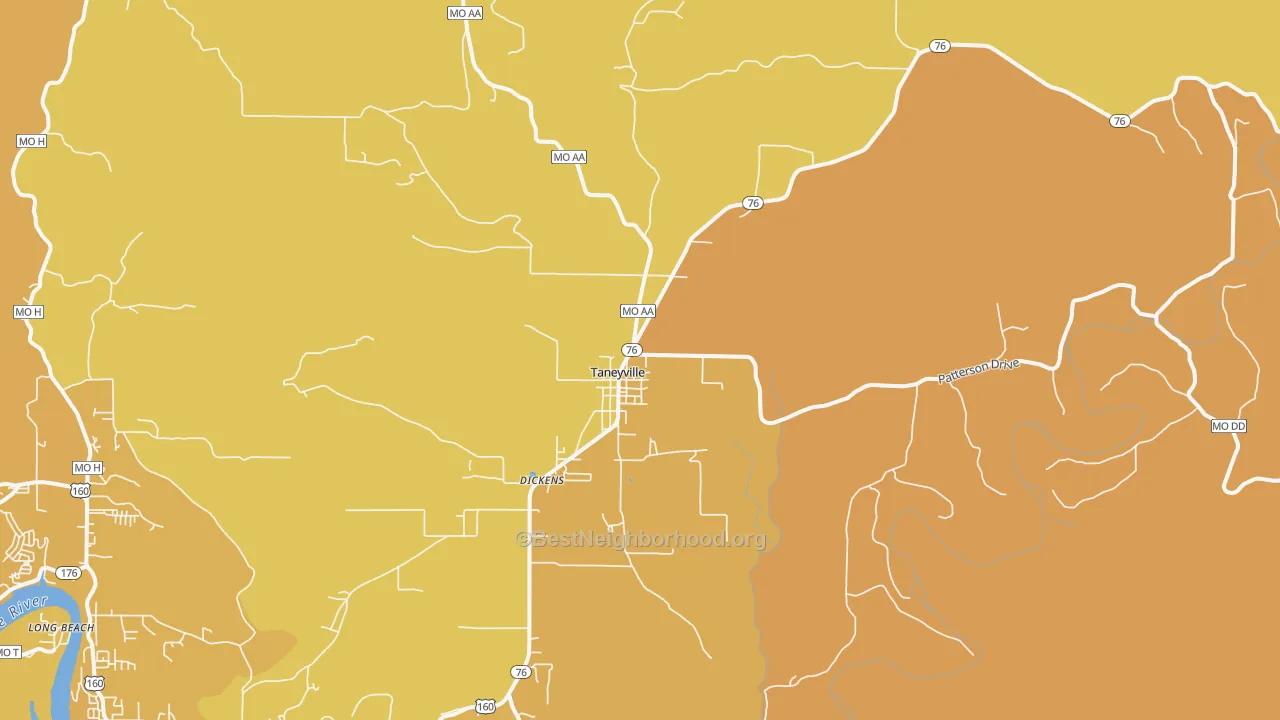 Map of the best neighborhoods in the 65759 area, with better matches in green and worse matches in red
