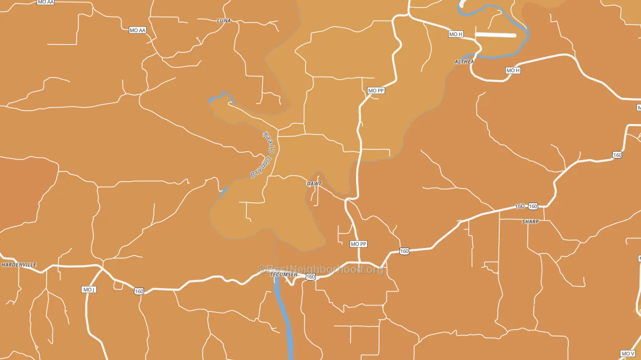 Map of the best neighborhoods in the 65760 area, with better matches in green and worse matches in red