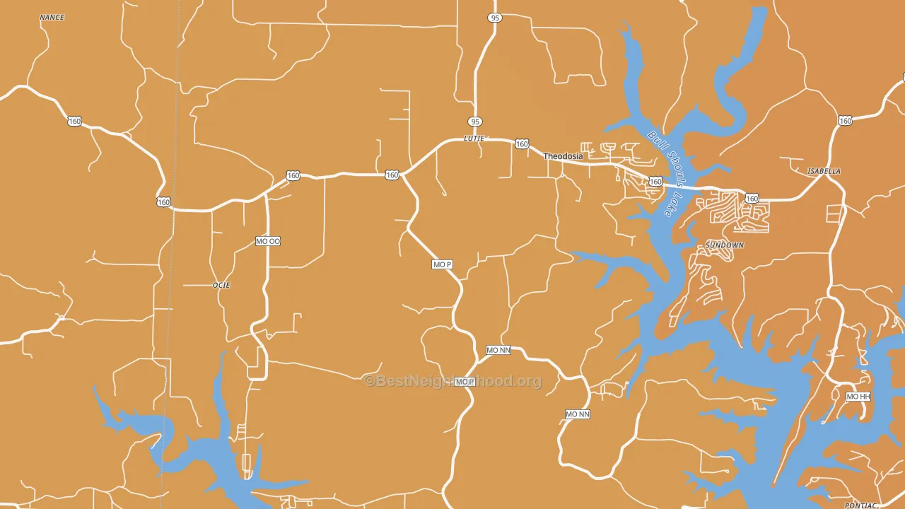 Map of the best neighborhoods in the 65761 area, with better matches in green and worse matches in red