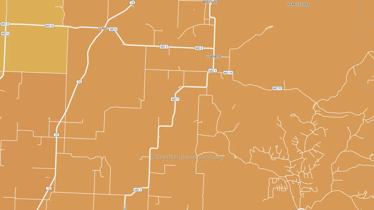 Map of the best neighborhoods in the 65764 area, with better matches in green and worse matches in red