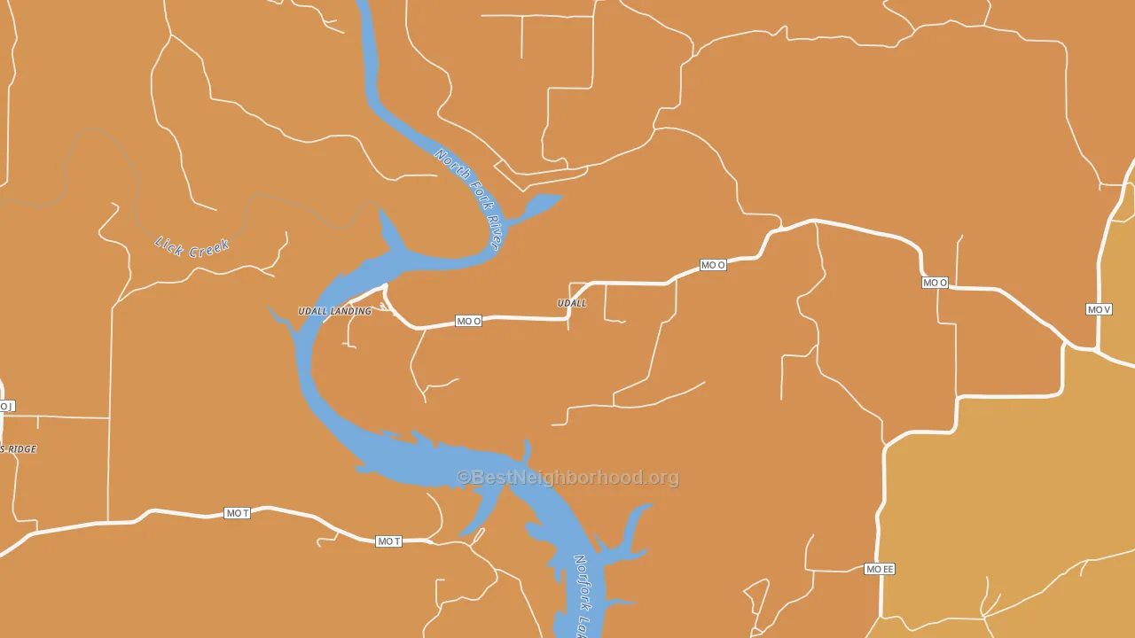 Map of the best neighborhoods in the 65766 area, with better matches in green and worse matches in red
