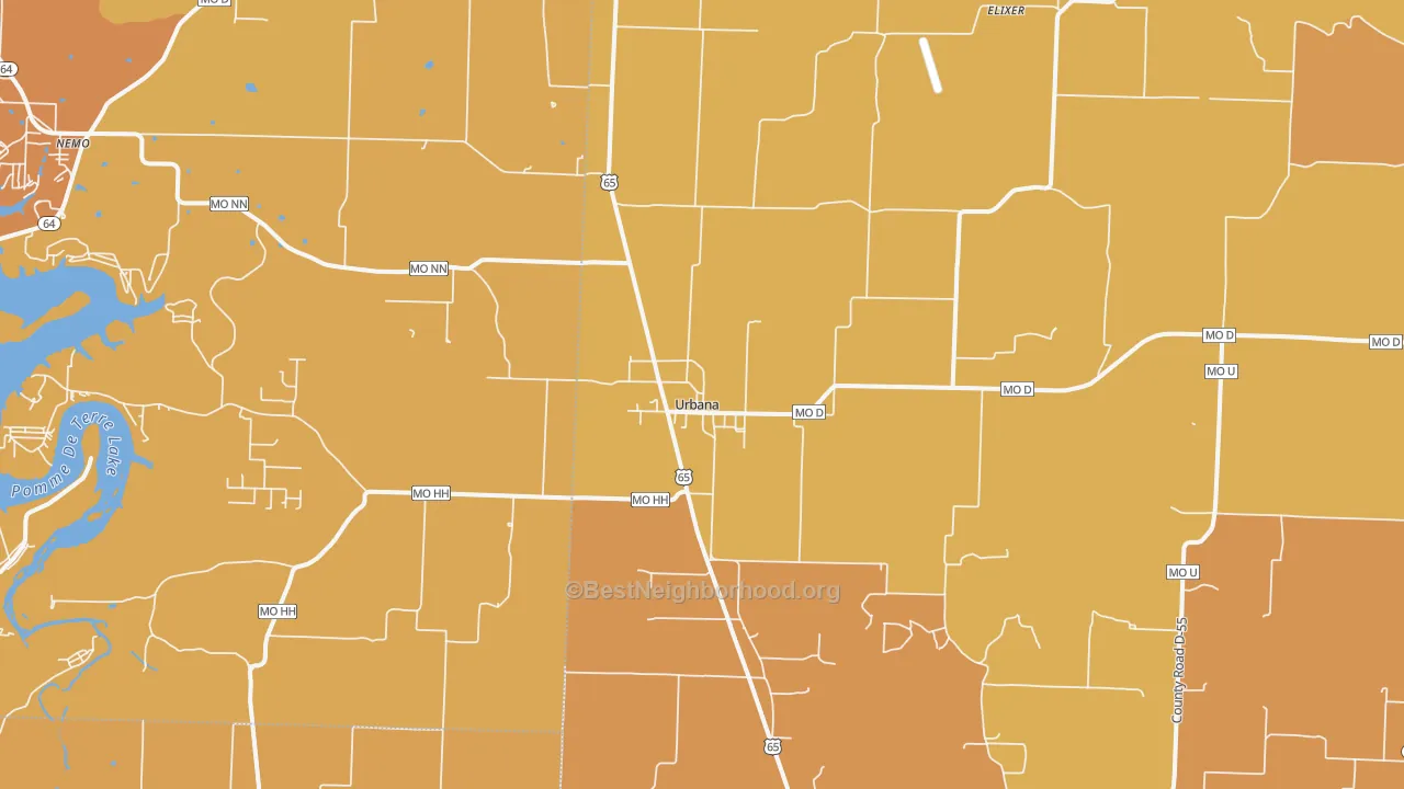 Map of the best neighborhoods in the 65767 area, with better matches in green and worse matches in red
