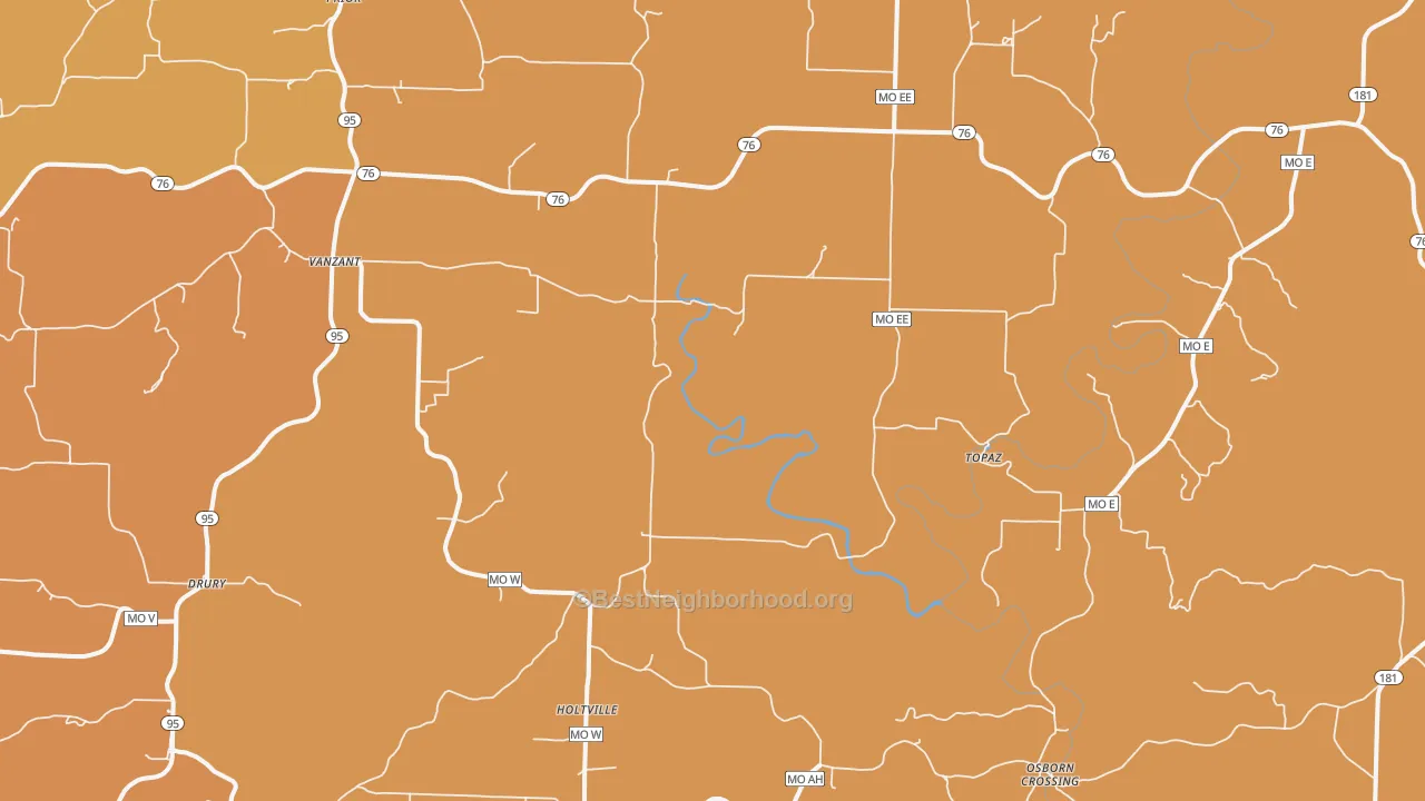 Map of the best neighborhoods in the 65768 area, with better matches in green and worse matches in red