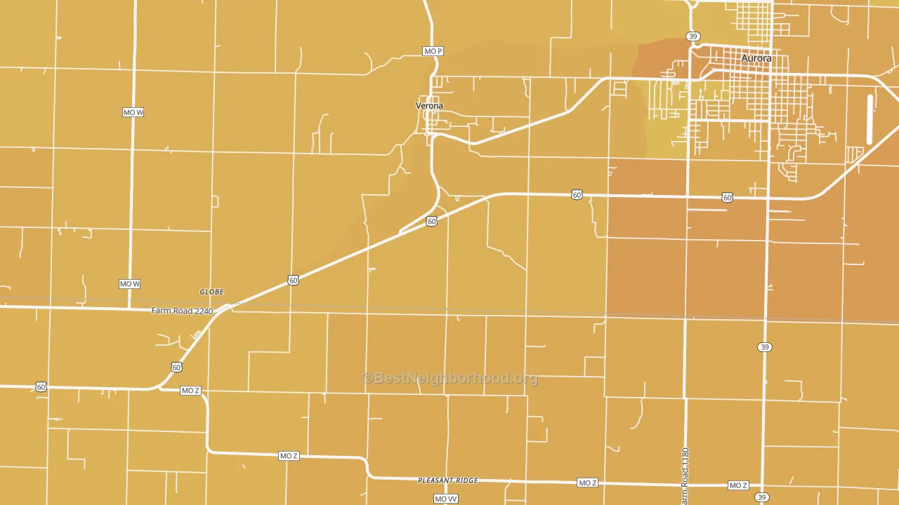 Map of the best neighborhoods in the 65769 area, with better matches in green and worse matches in red