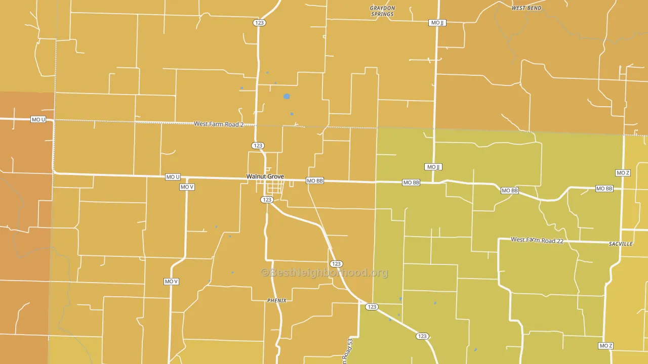 Map of the best neighborhoods in the 65770 area, with better matches in green and worse matches in red