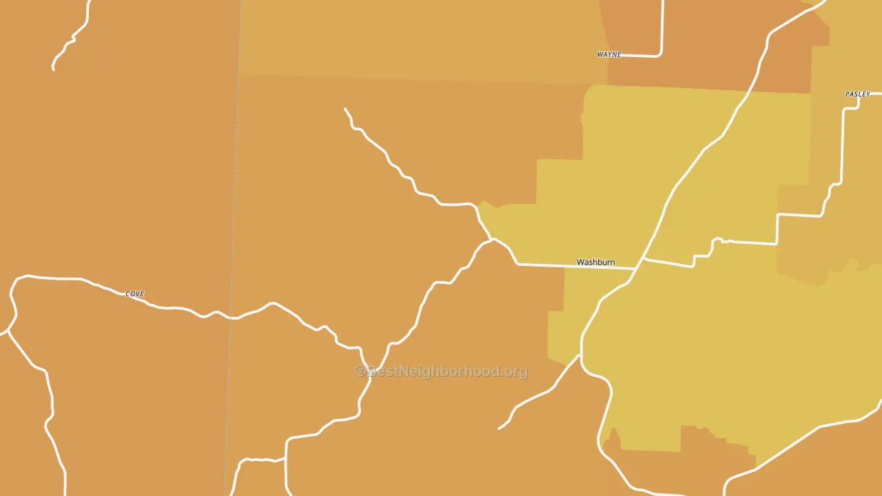 Map of the best neighborhoods in the 65772 area, with better matches in green and worse matches in red