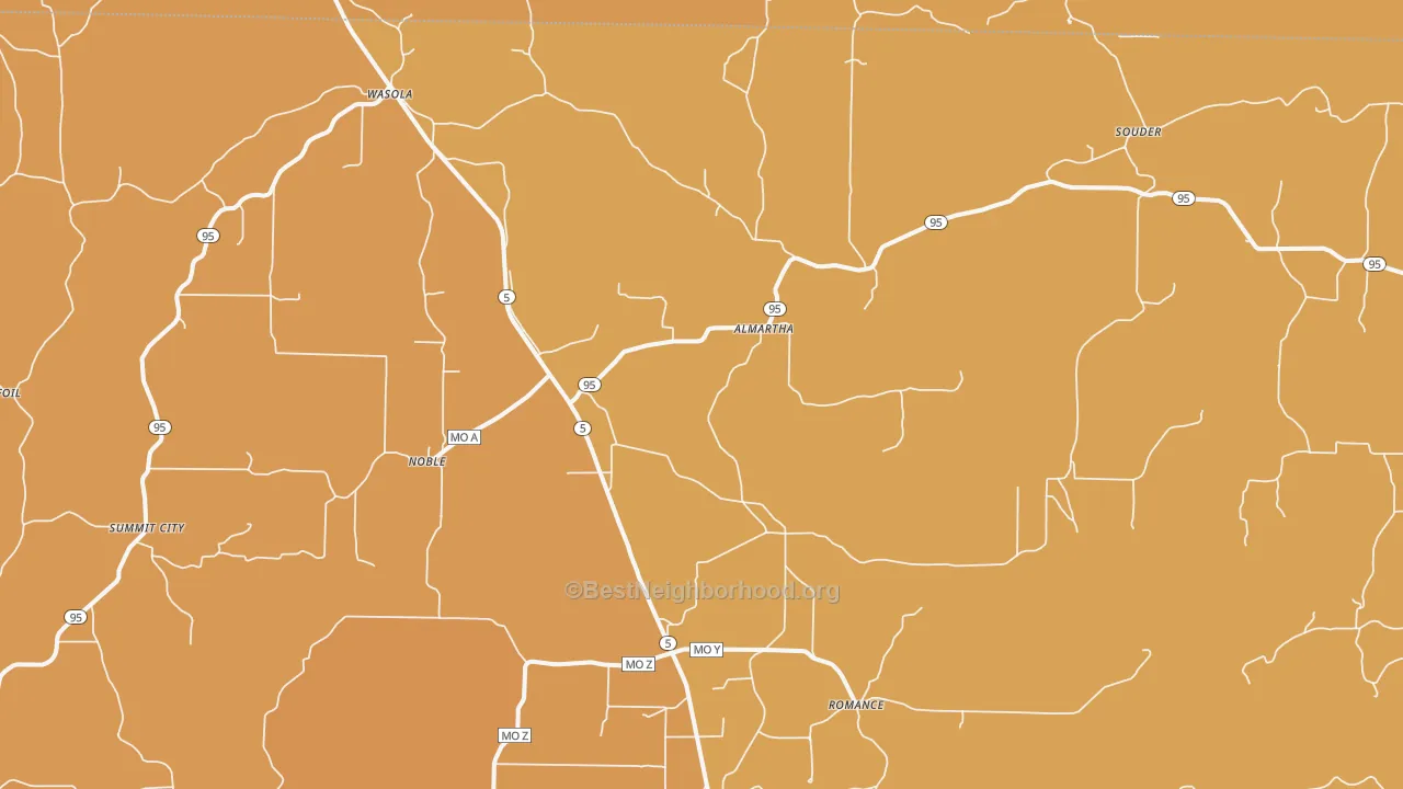 Map of the best neighborhoods in the 65773 area, with better matches in green and worse matches in red