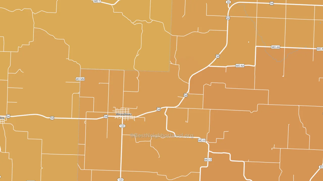 Map of the best neighborhoods in the 65774 area, with better matches in green and worse matches in red