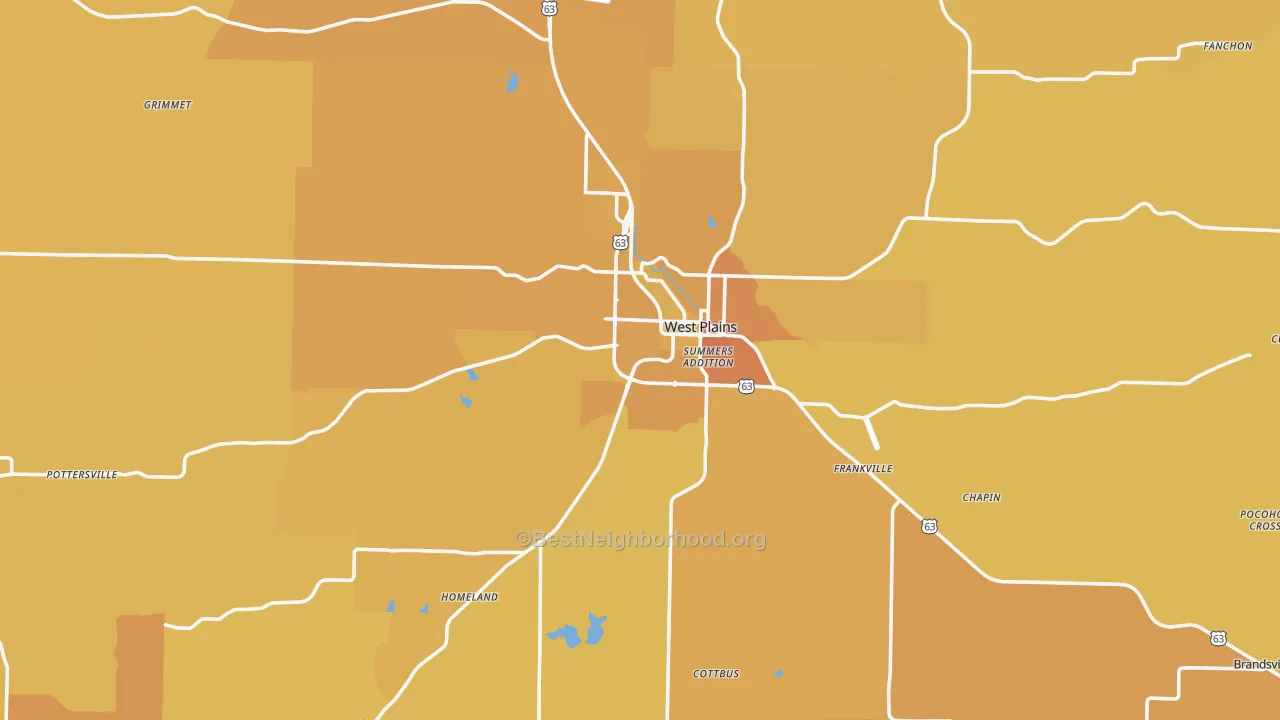 Map of the best neighborhoods in the 65775 area, with better matches in green and worse matches in red
