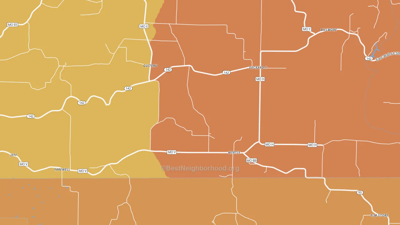 Map of the best neighborhoods in the 65778 area, with better matches in green and worse matches in red