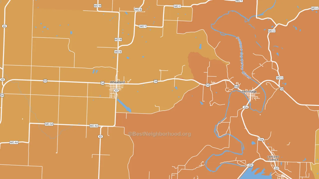 Map of the best neighborhoods in the 65779 area, with better matches in green and worse matches in red