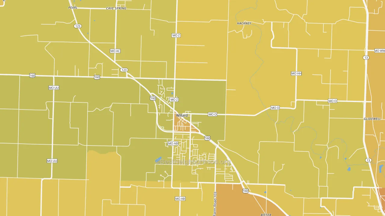 Map of the best neighborhoods in the 65781 area, with better matches in green and worse matches in red