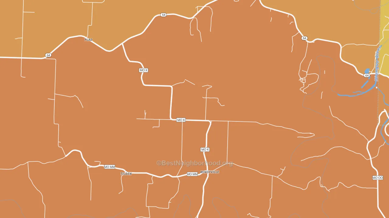 Map of the best neighborhoods in the 65783 area, with better matches in green and worse matches in red