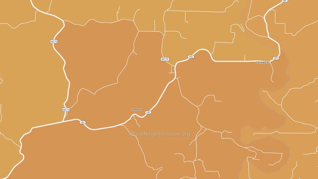 Map of the best neighborhoods in the 65784 area, with better matches in green and worse matches in red