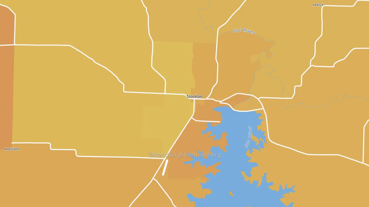 Map of the best neighborhoods in the 65785 area, with better matches in green and worse matches in red