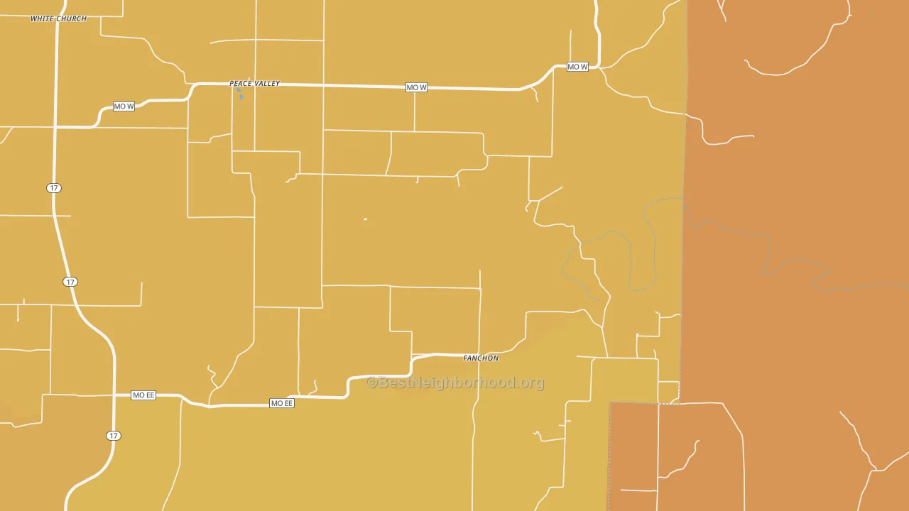 Map of the best neighborhoods in the 65788 area, with better matches in green and worse matches in red