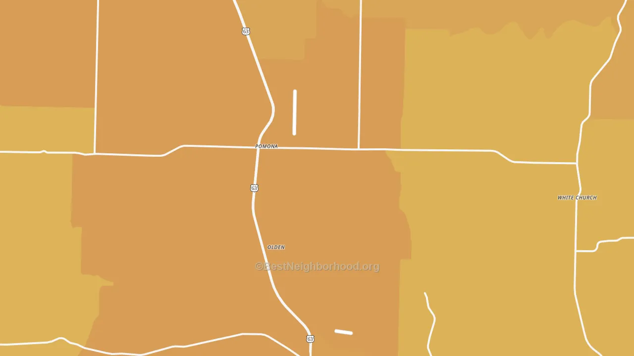 Map of the best neighborhoods in the 65789 area, with better matches in green and worse matches in red
