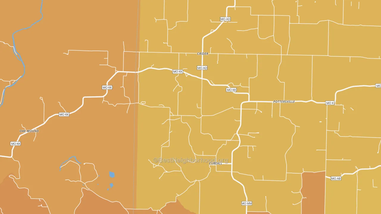 Map of the best neighborhoods in the 65790 area, with better matches in green and worse matches in red