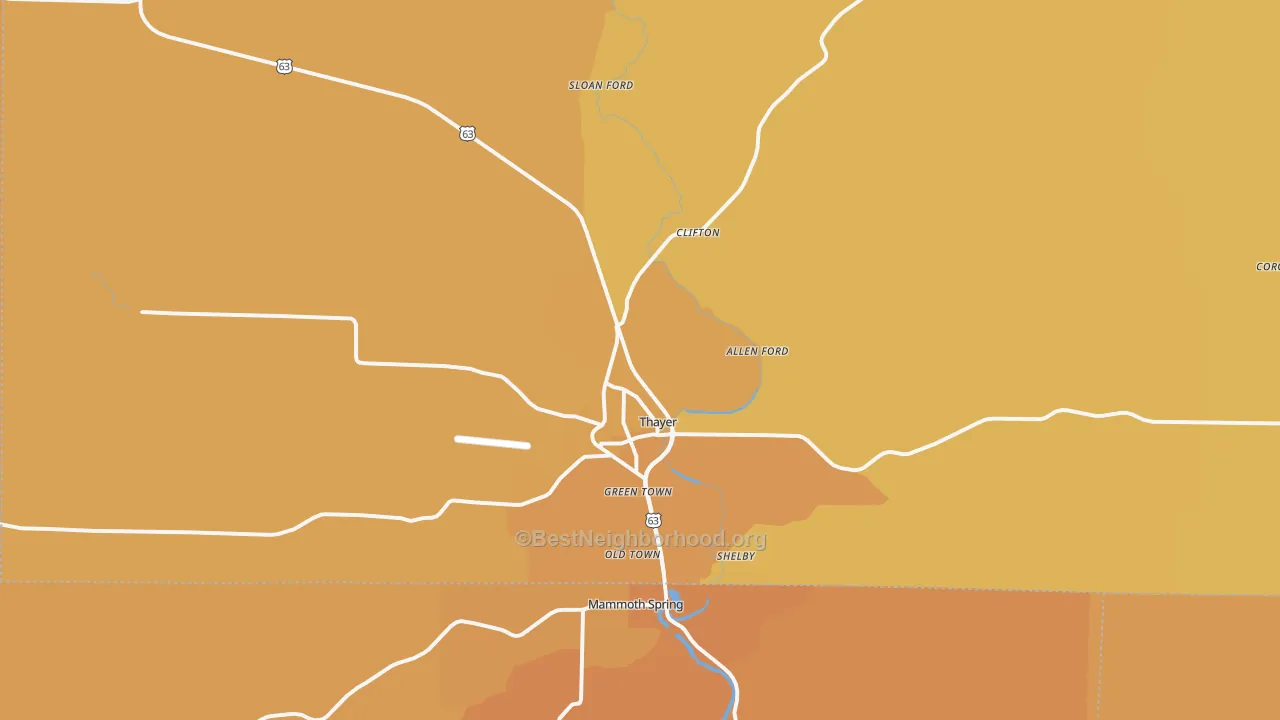 Map of the best neighborhoods in the 65791 area, with better matches in green and worse matches in red