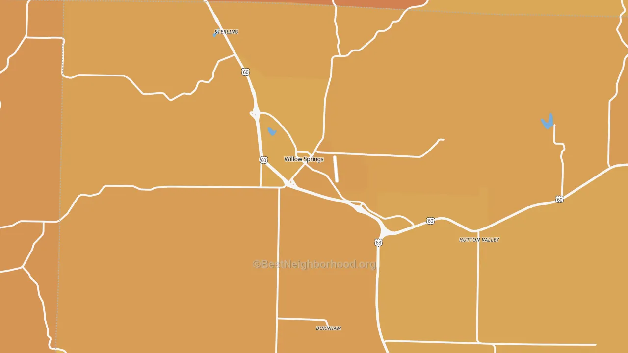 Map of the best neighborhoods in the 65793 area, with better matches in green and worse matches in red