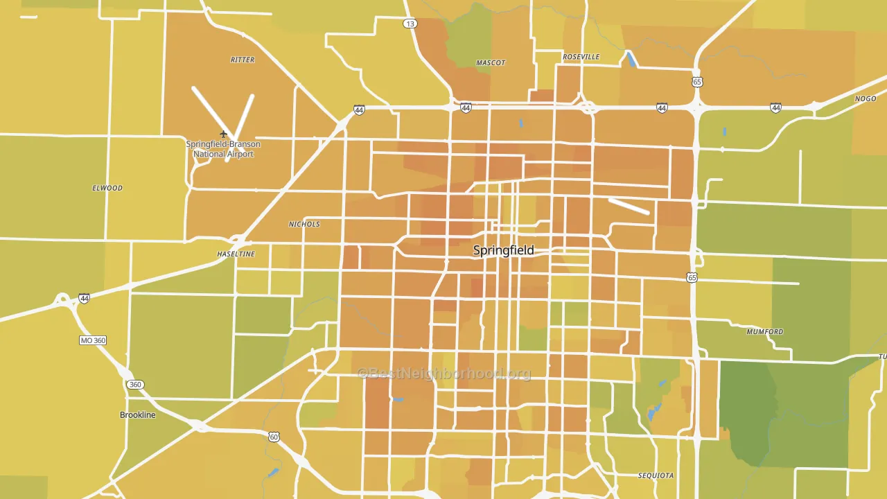 Map of the best neighborhoods in the 65802 area, with better matches in green and worse matches in red