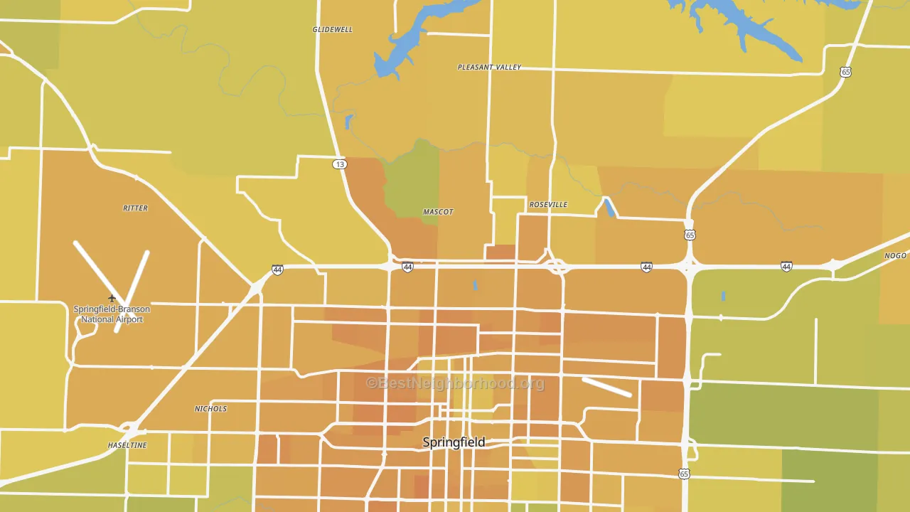 Map of the best neighborhoods in the 65803 area, with better matches in green and worse matches in red